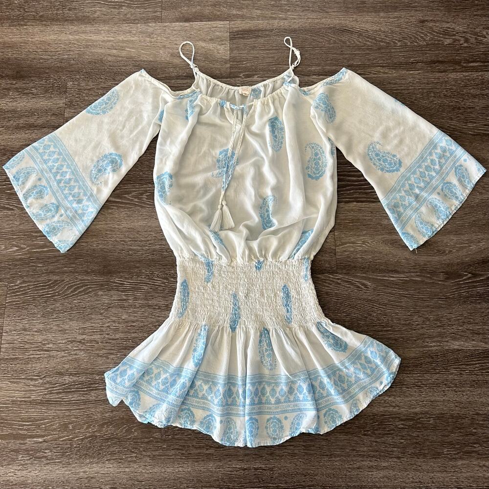 Surf Gypsy Cold Shoulder Smock Waist Mini Dress Blue White Size S